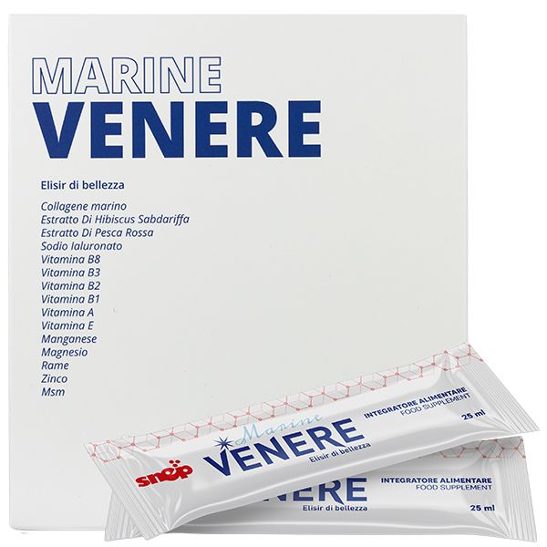 Produs Snep Marine Venere – Supliment alimentar pe bază de vitamine și minerale cu colagen marin, MSM, hialuronat de sodiu și extracte de piersici și hibiscus sabdariffa.