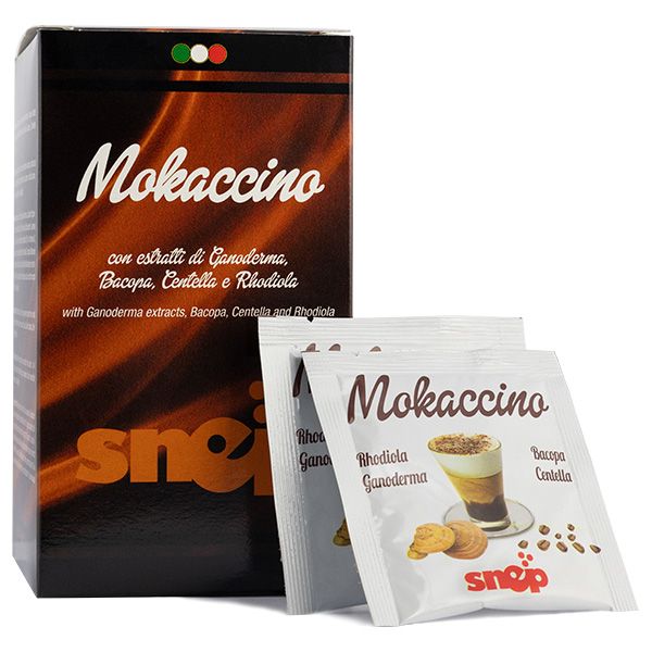 Produs Snep Mokaccino cu Ganoderma – Băutură solubilă tip mokaccino cu cafea, lapte, cacao și extracte vegetale, inclusiv Ganoderma lucidum, utilizată ca băutură aromată într-un stil de viață activ.