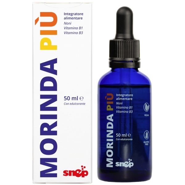 Produs Snep Morinda Più – Supliment alimentar pe bază de suc liofilizat de Noni cu Vitamine B1 și B3, Zinc, Crom și Coenzima Q10, cu acțiune antioxidantă și tonică.