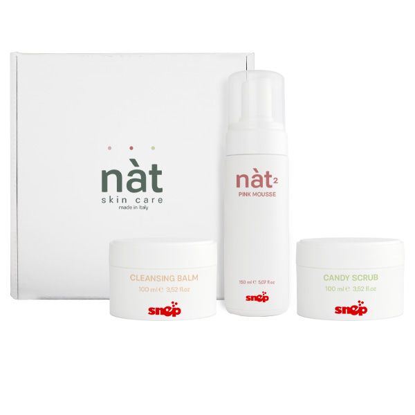 Produs Snep NAT Box – Set complet pentru dublă curățare a tenului cu produse din gama NAT: cleansing balm, spumă de curățare și scrub facial.