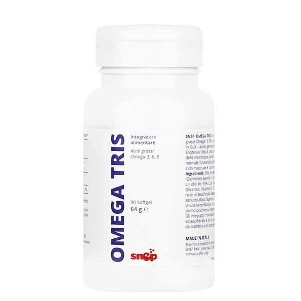 Produs Snep Omega Tris – Supliment alimentar cu acizi grași Omega 3 (EPA și DHA), Omega 6 (GLA) și Omega 9 (CLA) pentru susținerea aparatului cardiocirculator, a pielii și a membranelor celulare.