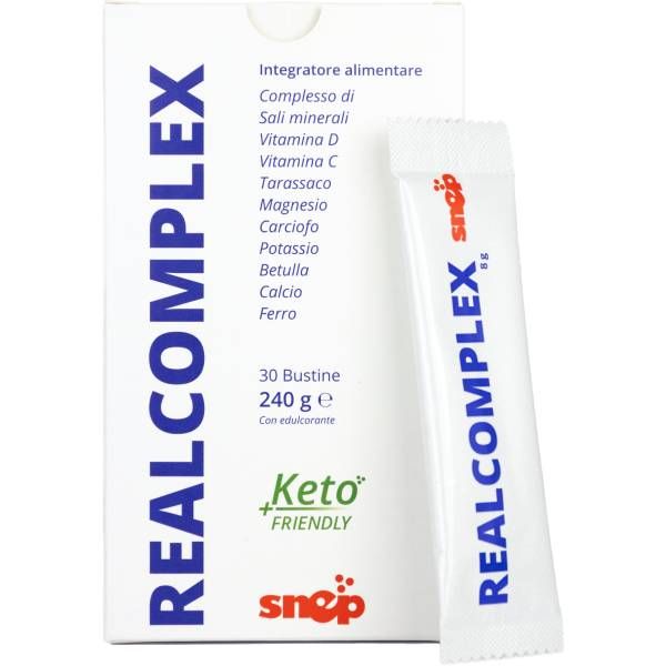 Produs Snep RealComplex – Supliment alimentar cu minerale (magneziu, potasiu, calciu, fier), vitamine C și D și extracte de păpădie, mesteacăn și anghinare, prezentat ca sprijin orientativ pentru procesele naturale de purificare ale organismului prin ficat și rinichi, în contextul unui stil de viață echilibrat.