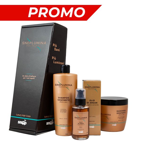 Produs Snep SNEPLUMINA Box Promo – Set promoțional pentru îngrijirea părului din gama SNEPLUMINA, care conține șampon hidratant efect de mătase, mască hidratantă efect de mătase și ulei de argan pentru netezirea firelor, conform fișei oficiale a produsului.